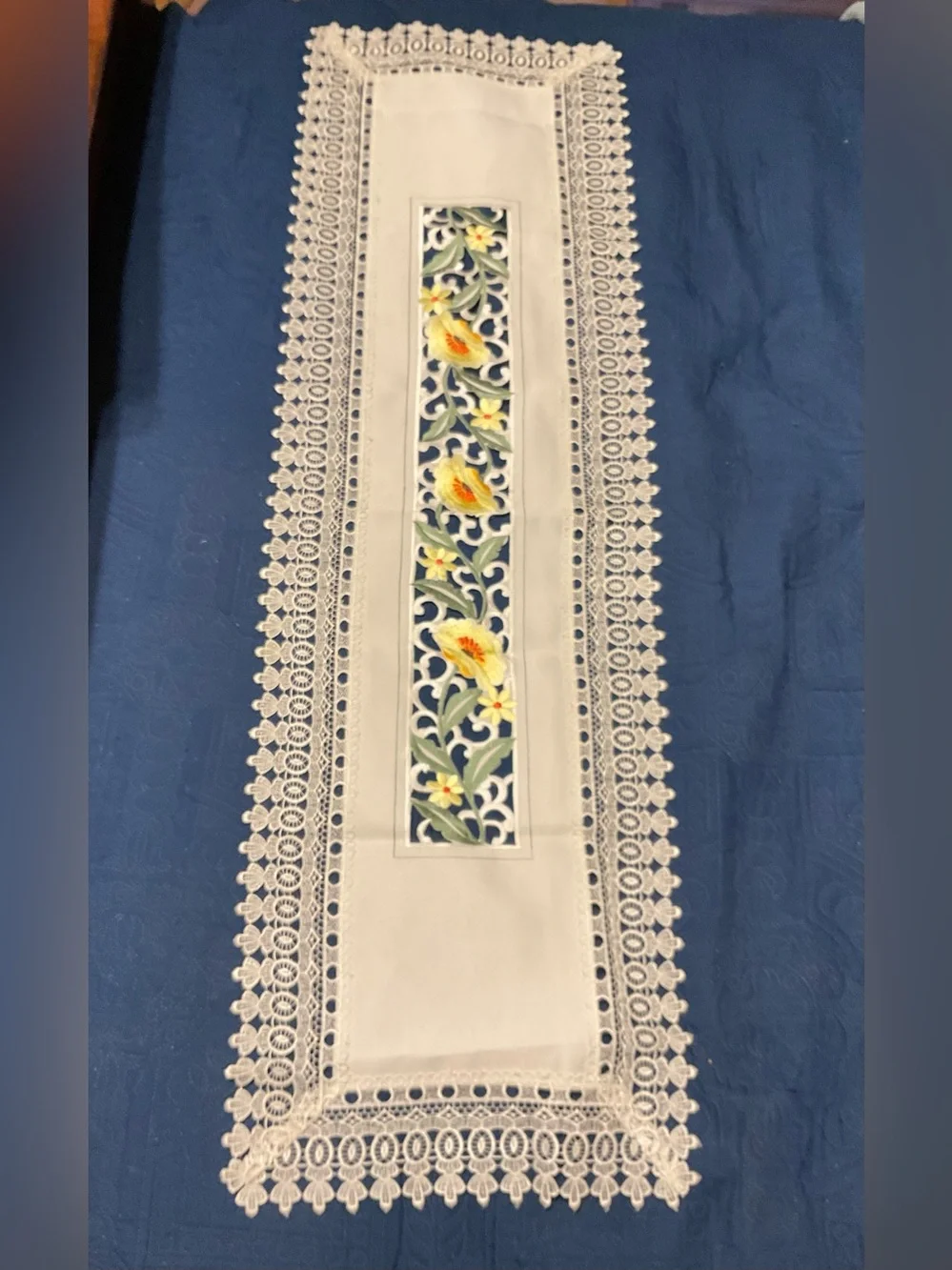 Cream Embroidered Floral Table Runner Cutout Lace - Yellow Flower Detail 50”